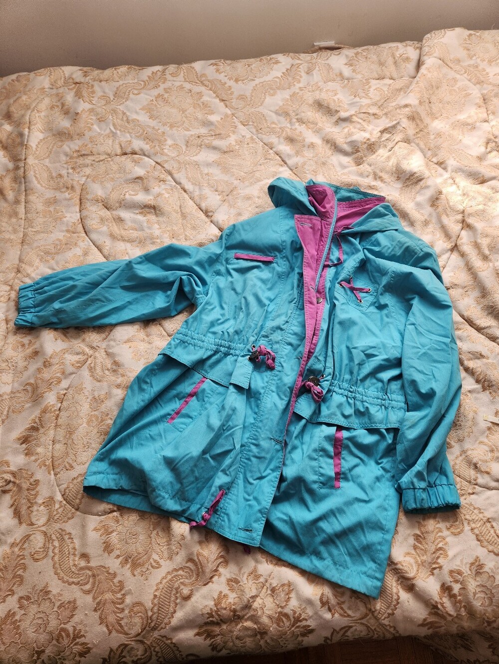 Vintage 90s Turquoise and Purple Rain Coat size 14